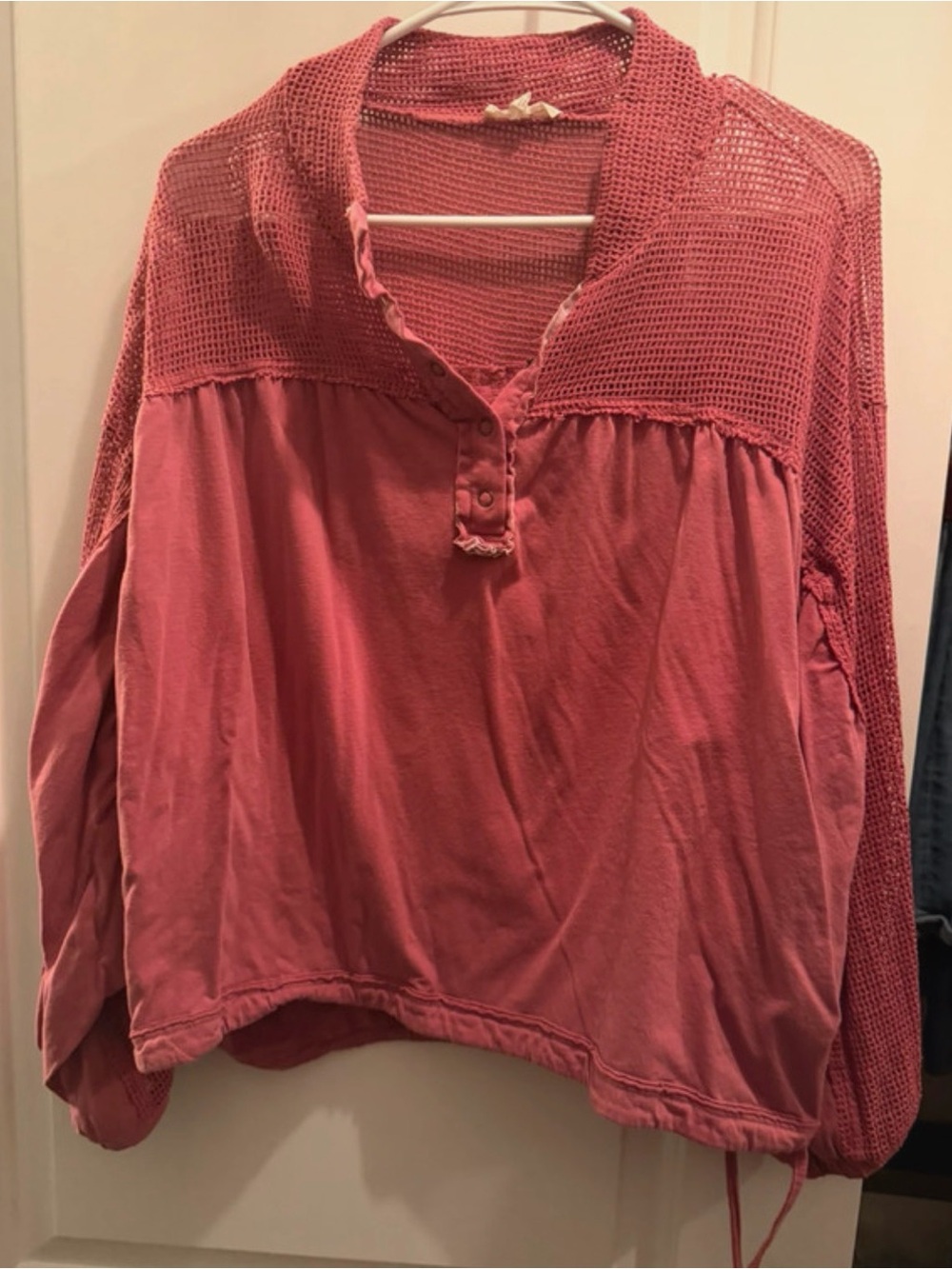 easel Rose Pink Mesh-Yoke Henley Pullover Top